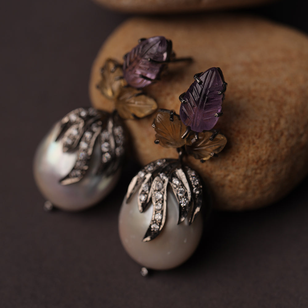 AMETHYST LEAF AND PEARL DROP EARRINGS