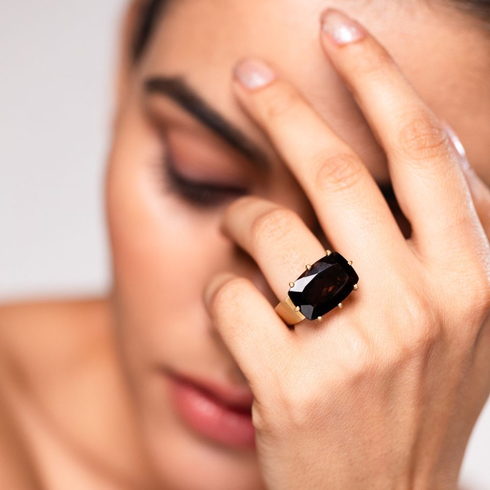 SMOKY QUARTZ SQUARE GEO RING