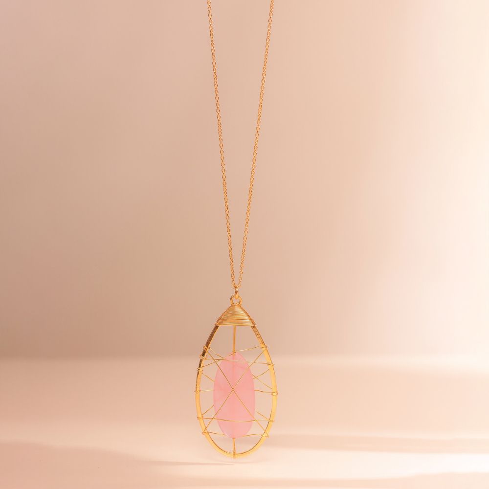 ROSE QUARTZ WIRE PENDANT NECKLACE