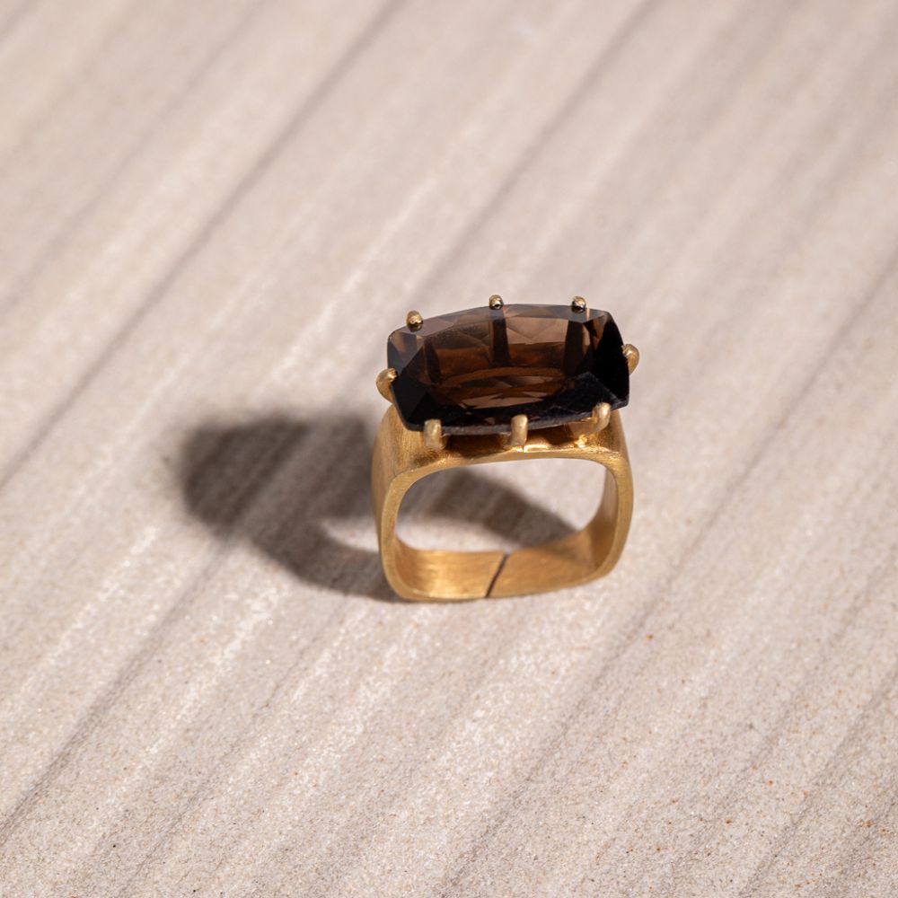 SMOKY QUARTZ SQUARE GEO RING