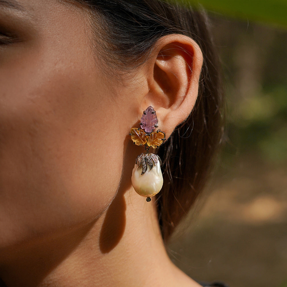 AMETHYST LEAF AND PEARL DROP EARRINGS