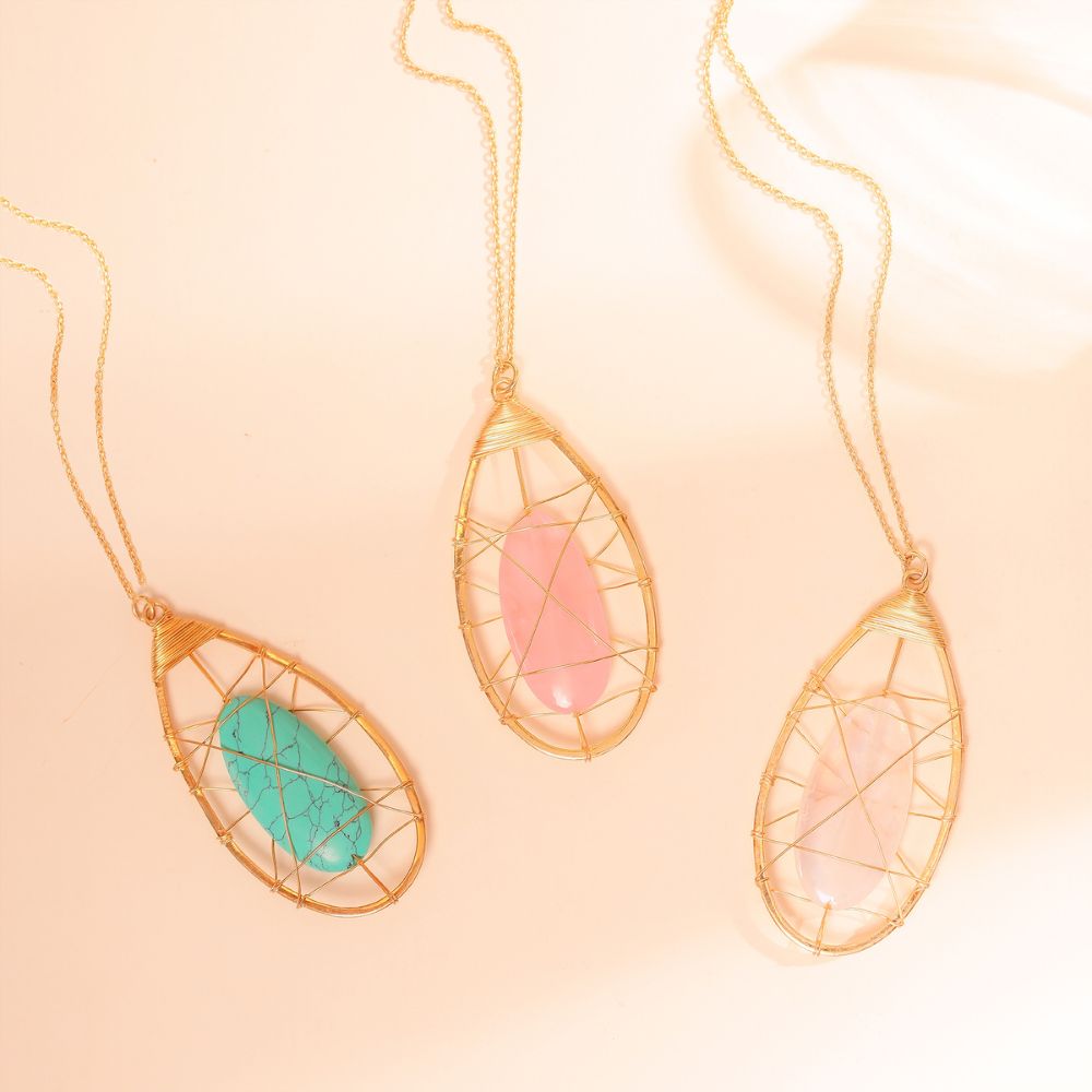 ROSE QUARTZ WIRE PENDANT NECKLACE