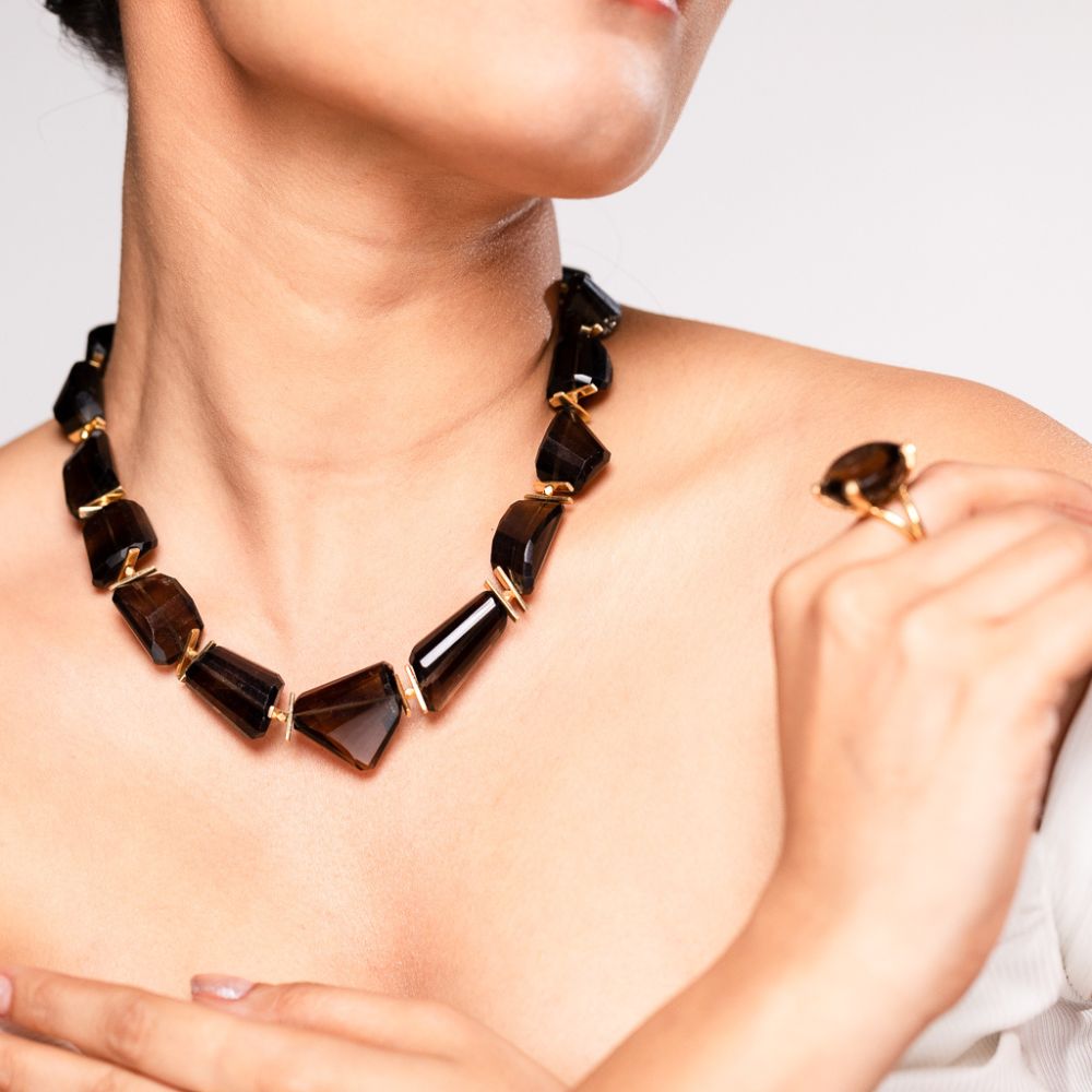 SMOKY QUARTZ GEO BEADS NECKLACE