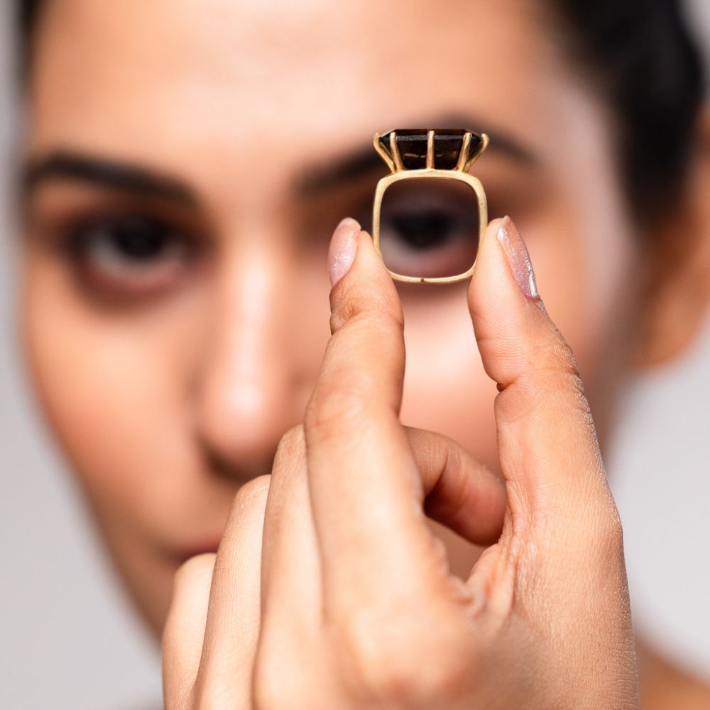 SMOKY QUARTZ SQUARE GEO RING