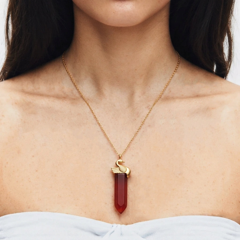 A close-up of a model wearing a delicate gold chain necklace with a gold swan pendant holding a faceted dark red Carnelian gemstone.