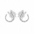 Silver scorpion-shaped hoop earrings on a white background