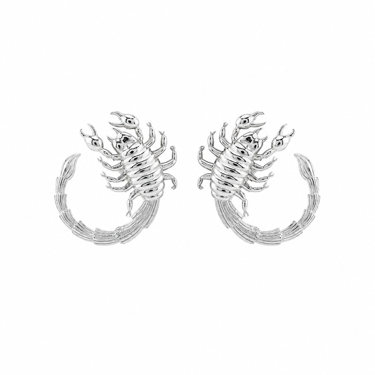 Silver scorpion-shaped hoop earrings on a white background